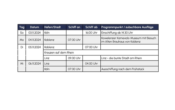 Fahrplan Karnevals-Kreuzfahrt / MS LADY DILETTA