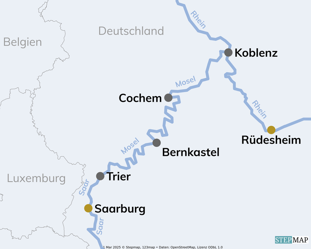 Routenkarte für die Alleinreisenden Flusskreuzfahrt Rhein, Mosel & Saar